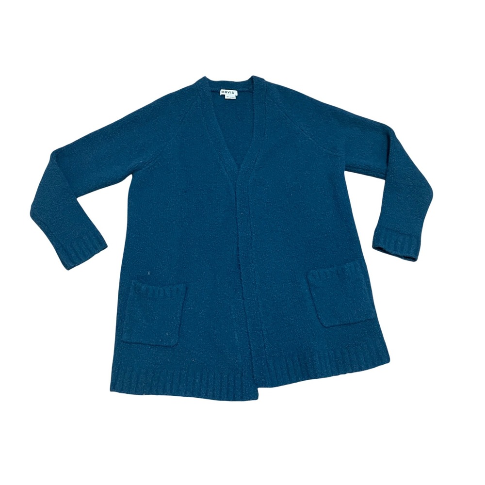 Orvis Womens M Teal Blue Wool Alpaca Blend Boucle Open Front Cardigan Cozy Comfy